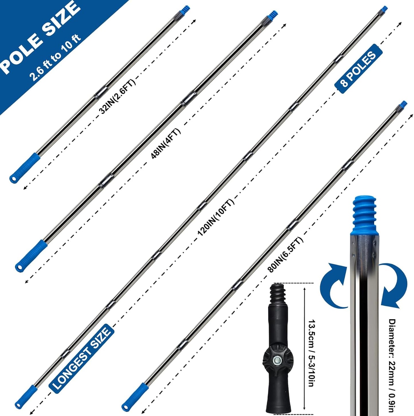 10 Ft Extension Pole +Joint Angle Adaptor, Paint Roller Stainless-Steel Threaded Splicing Extension Poles for Hand Drywall Sander Wall Cleaning and Polishing Paint Roller Brushes (10 Feet)