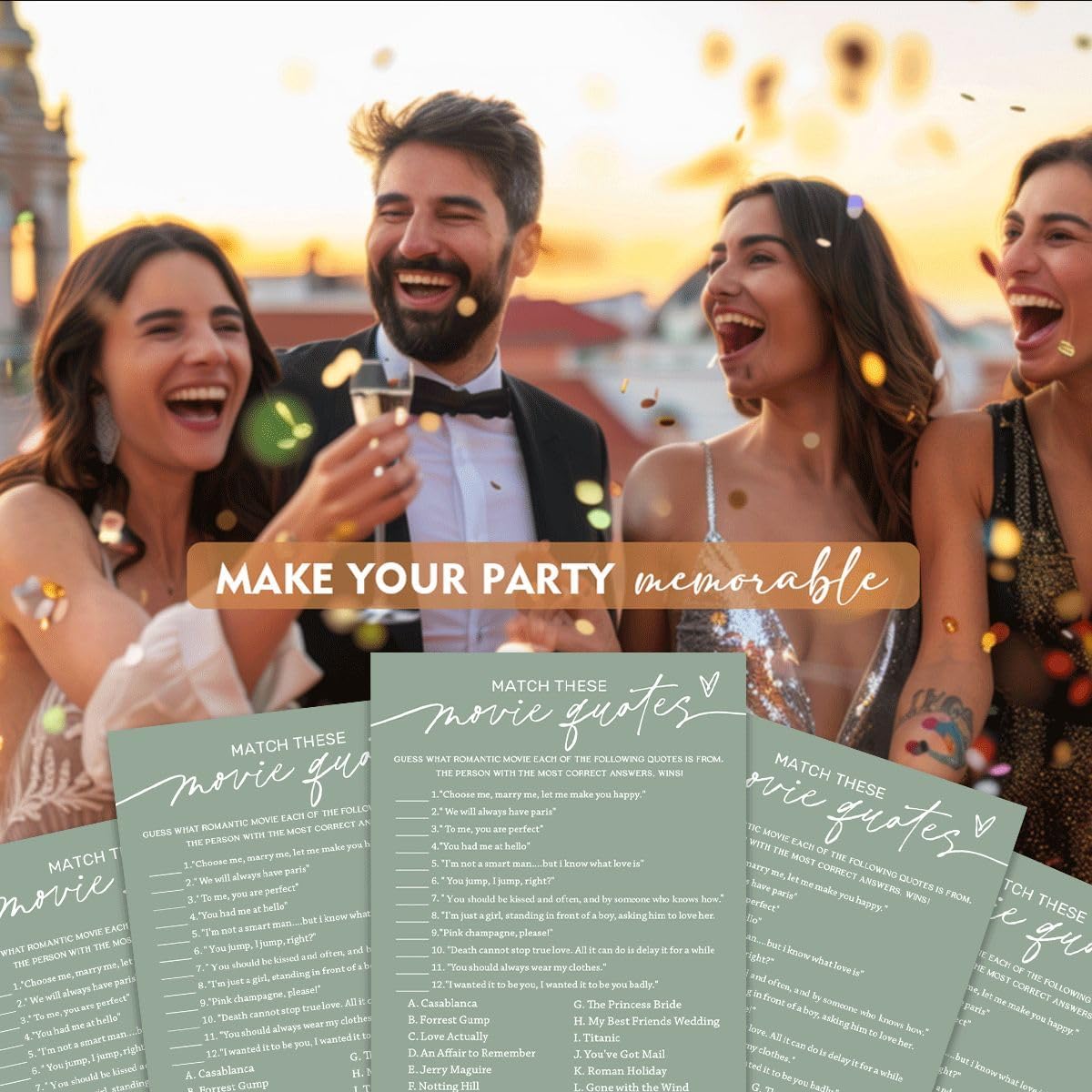 Bridal Shower Games Cards, Match These Movie Quotes, 25 Game Cards with 1 Answer Card, Engagement Party Wedding Games for Guests, Minimalist Green Wedding Party Supplies - C09