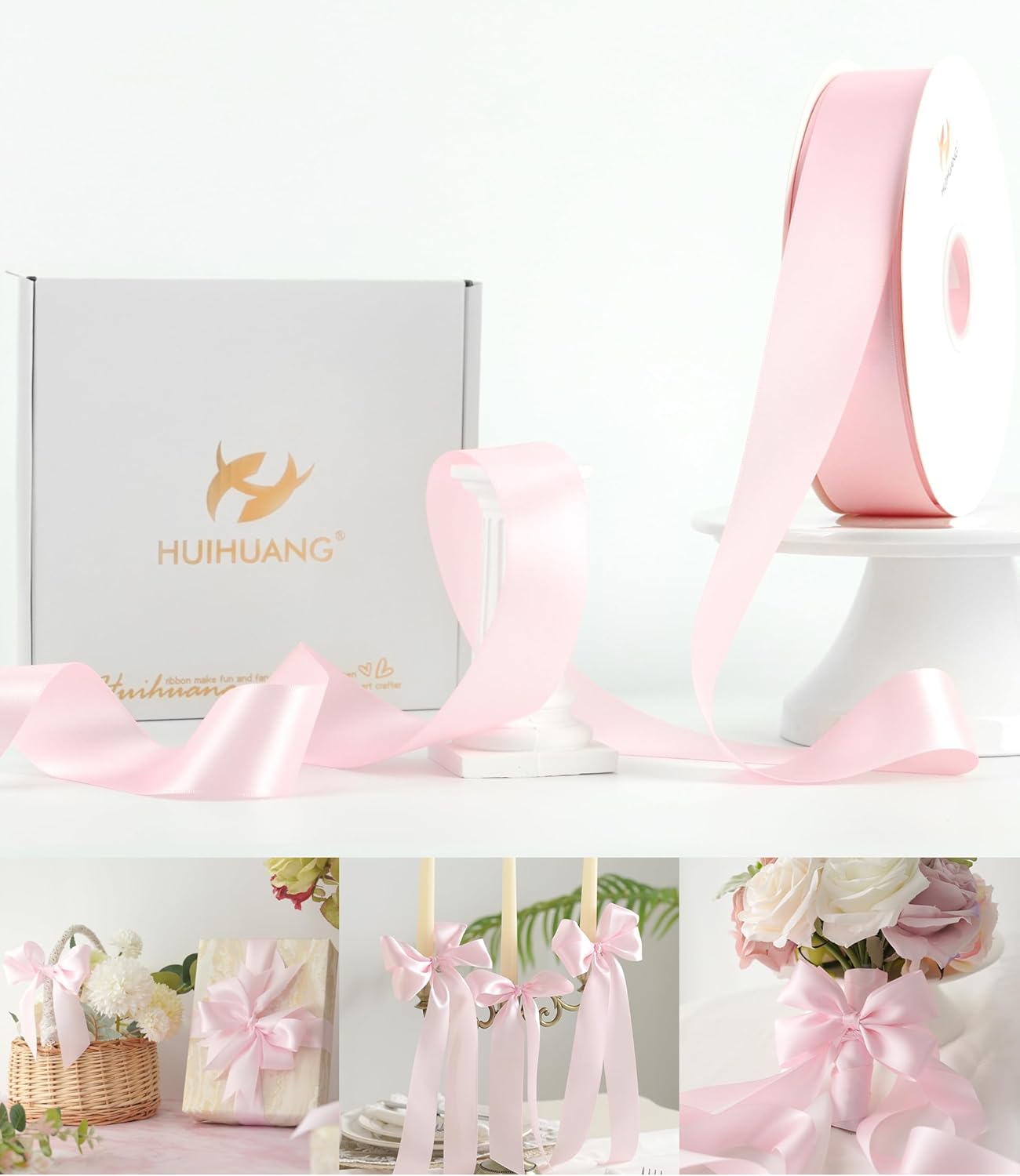 HUIHUANG Pink Satin Ribbon 1-1/2 inch x 100 Yards Light Pink Double-Faced Satin Ribbon for Flower Bouquet, Gift Wrapping, Eternal Roses, DIY Crafts, Bridal Shower Wedding Decor