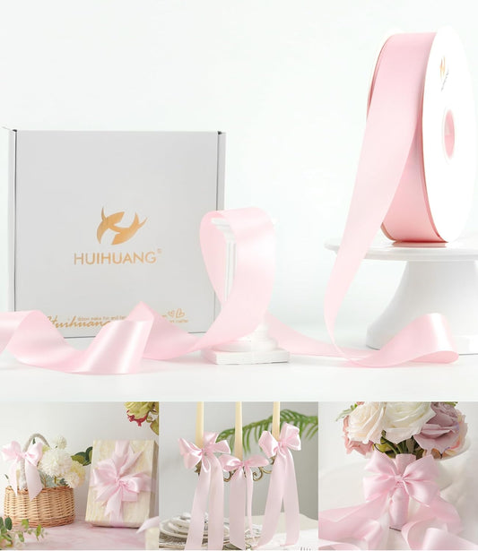 HUIHUANG Pink Satin Ribbon 1-1/2 inch x 100 Yards Light Pink Double-Faced Satin Ribbon for Flower Bouquet, Gift Wrapping, Eternal Roses, DIY Crafts, Bridal Shower Wedding Decor