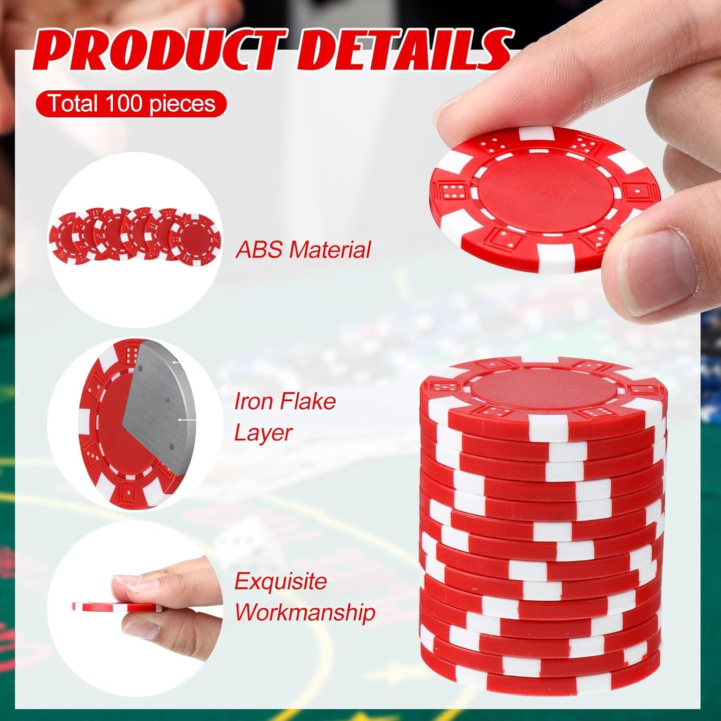 100 Pcs 11.5 Gram Poker Chips ABS Monte Carlo, 40 mm Bingo Chips Tokens Markers Blank Counting Bulk for Blackjack, and Card Night Poker Games