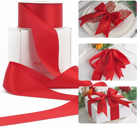 HUIHUANG Red Ribbon 2 inch Double Face Satin Ribbon Red Fabric Ribbon, 25 Yards/Roll for Crafts, Gift Wrapping, Flower Bouquet Wrap, Wedding Bridal Shower Holiday Decor, Hair Bows