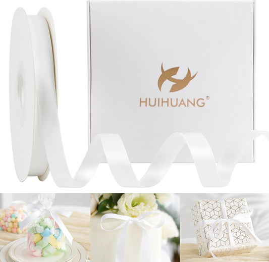 HUIHUANG White Satin Ribbon 1/2 inch X 50 Yards Continuous, White Double-Faced Satin Ribbon for Gift Wrapping, Bows, DIY Crafts, Flower Bouquet, Wedding Bridal Shower Decor, Hairs