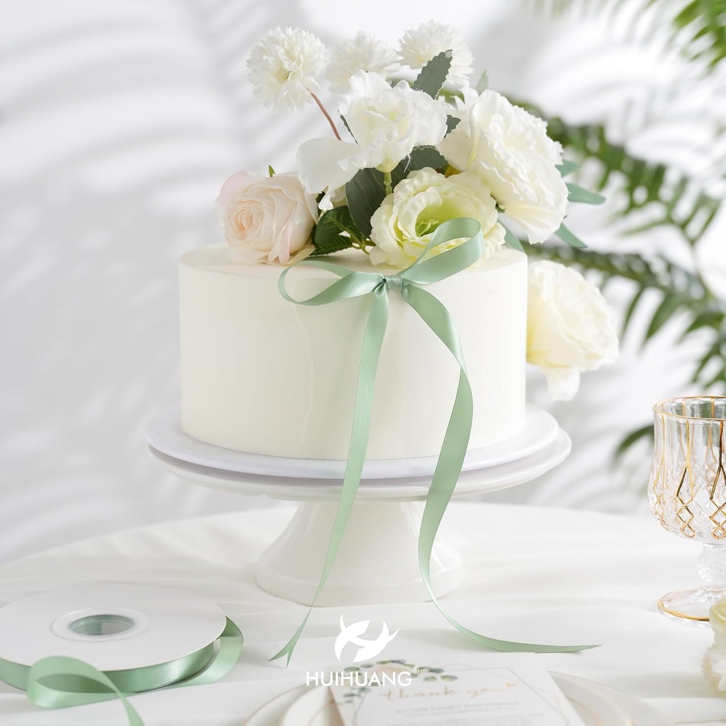 HUIHUANG Sage Green Satin Ribbon 1/2 inch X 50 Yards Continuous, Light Green Double-Faced Satin Ribbon for Gift Wrapping, Bows, DIY Crafts, Flower Bouquet, Bridal Shower Wedding Decor