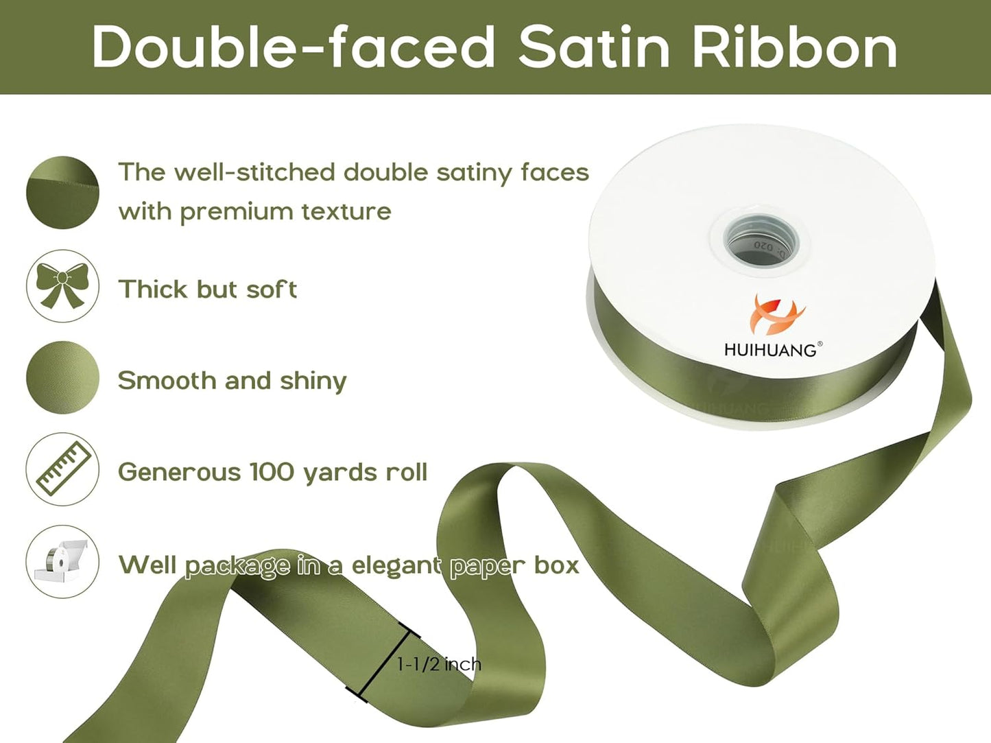 HUIHUANG Green Satin Ribbon 1-1/2 inch x 100 Yards Moss Green Double-Faced Satin Ribbon for Flower Bouquet, Gift Wrapping, Eternal Roses, DIY Crafts, Bridal Shower Wedding Decor