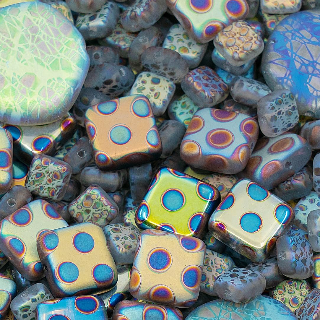 1.75 oz (50g) Mix of Unique Czech Bohemia Glass Pressed Beads, Light Blue AB Sliperit, Patterned, Matte and Glossy, Hand Made BCV