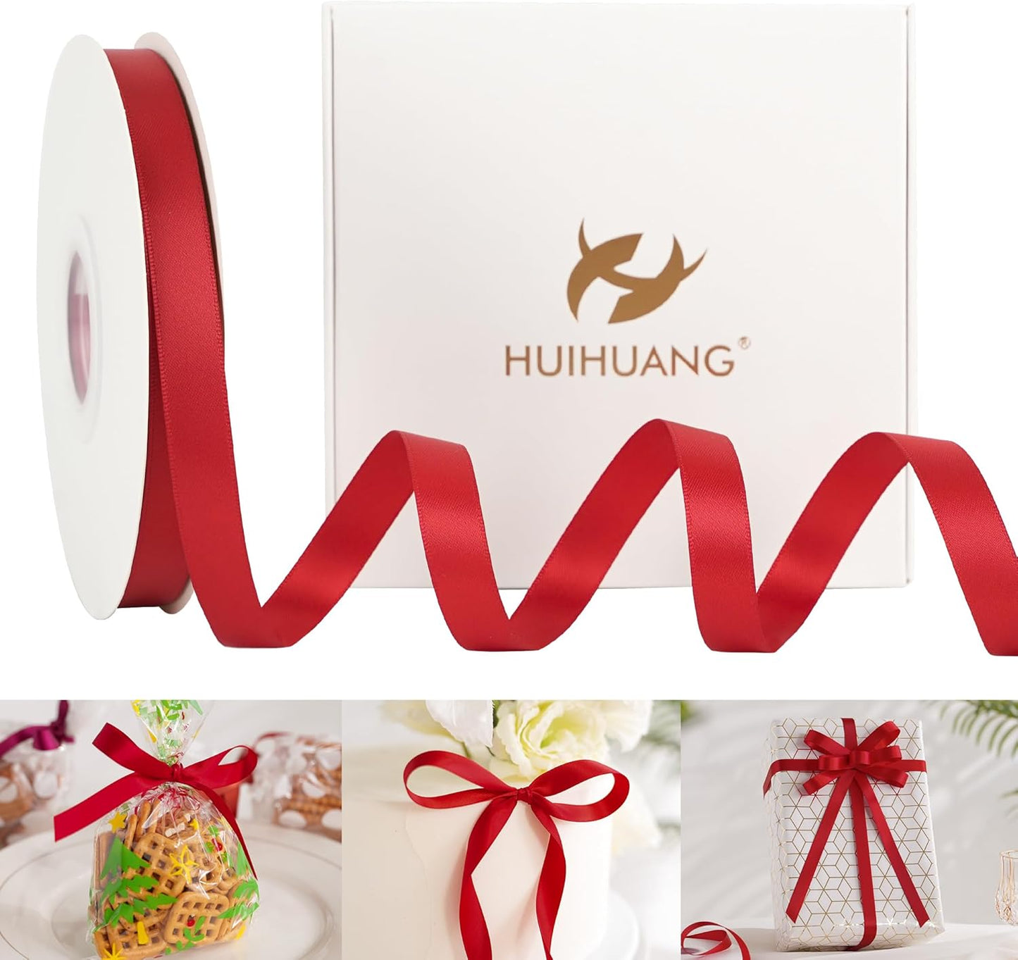 HUIHUANG Red Satin Ribbon 1/2 inch X 50 Yards Continuous, Red Double-Faced Satin Ribbon for Gift Wrapping, Bows, DIY Crafts, Flower Bouquet, Wedding, Christmas Decor, Birthday