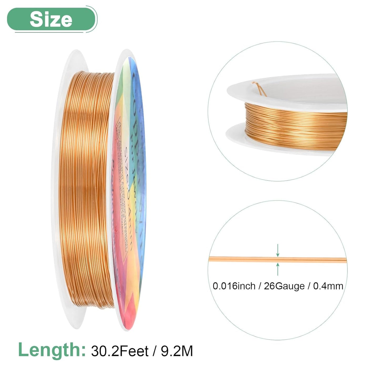 0.4 mm/26 Gauge Copper Wire for Jewelry Making, 30.2FT Copper Beading Craft Wire for Jewelry/Weaving/DIY Crafting/Planting, Color-Retaining [9.2M, Copper Tone]