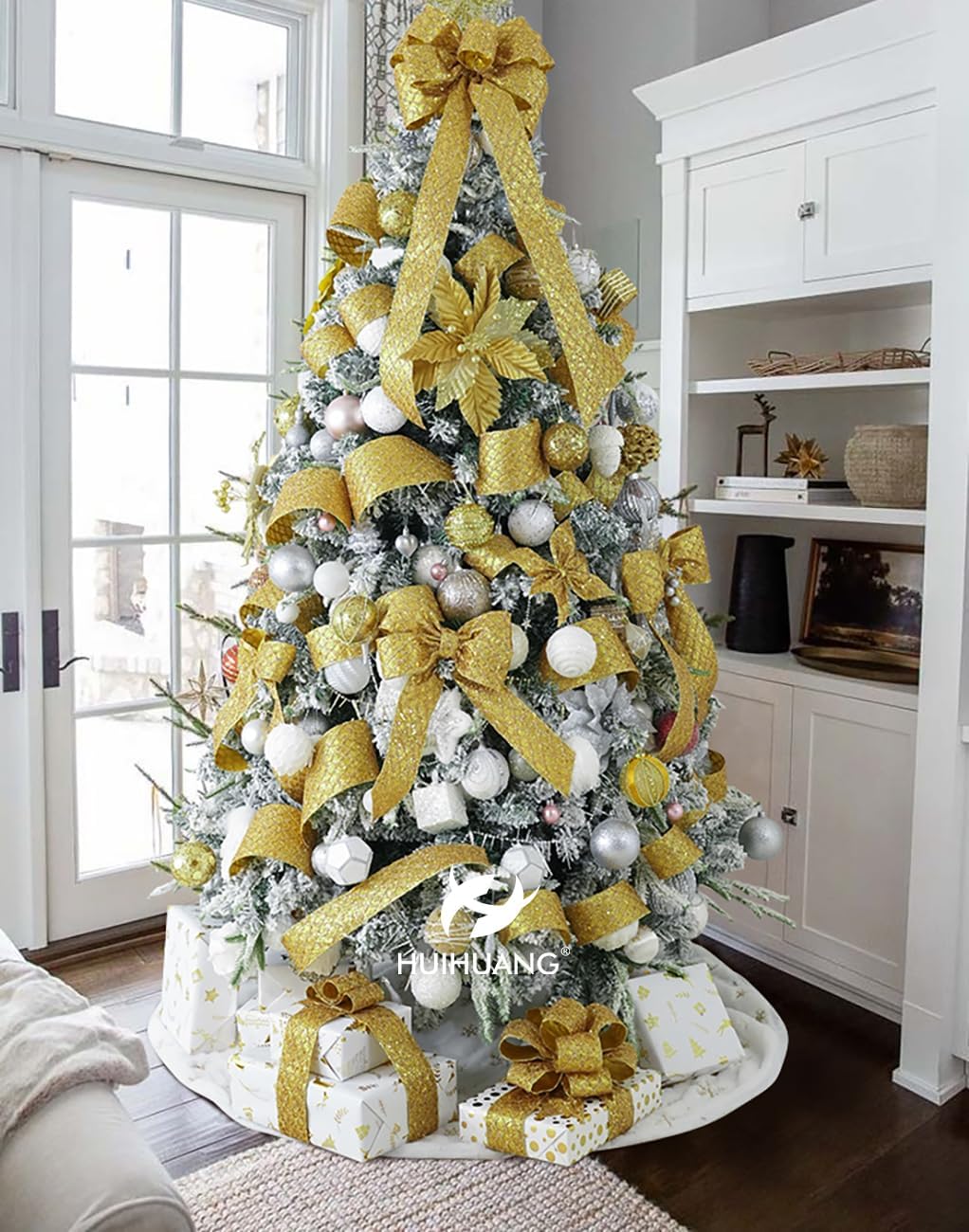 HUIHUANG Gold Glitter Wired Ribbon, 4 inch x 10 Yards, Polyester, Christmas, Gold, Geometric Pattern, Perfect for Tree Decorations, Wreaths, Gift Wrapping