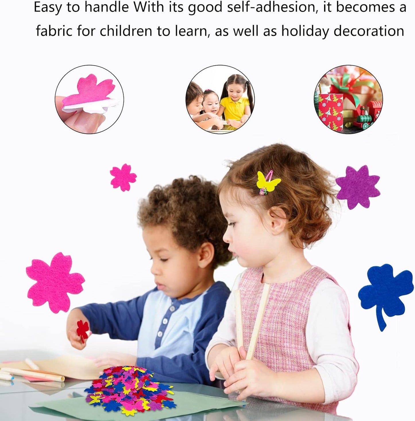 Felt Stickers, Self Adhesive Flower Butterfly Clover Assorted Shapes, Greeting Cards Decorative Stickers with Assorted Colors and Sizes Packing for Kid's Arts Craft Supplies