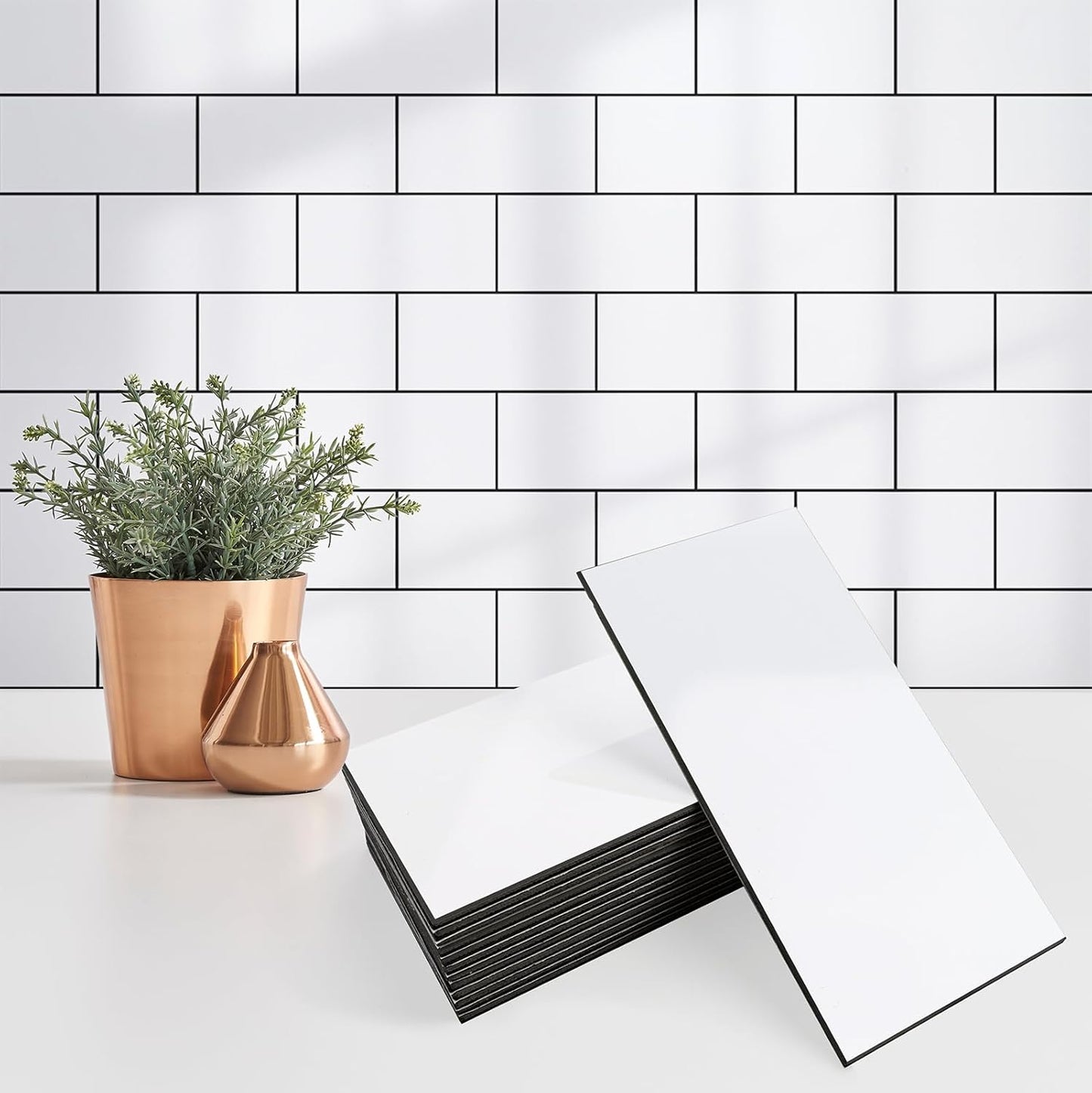 100 Pieces Peel and Stick Backsplash for Kitchen, 3" x 6" PVC Subway Tile 2025 Upgraded Glossy White with Dark Gray Grout Backsplash Stick on Tile Elevate Kitchen, Bathroom, Fireplace,RV