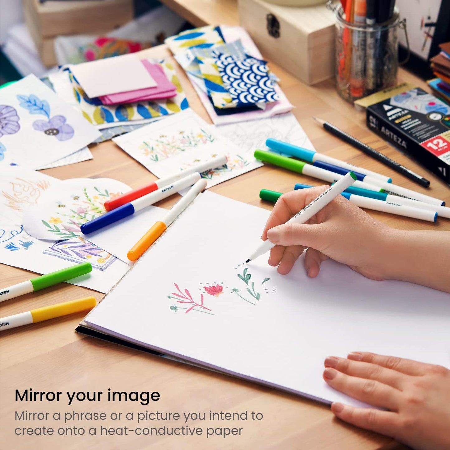 ARTEZA Heat Transfer Fabric Markers, Set of 12, Fade-Resistant Heat Transfer Ink, Colored Fabric Pens for Polyester and Cotton Garments