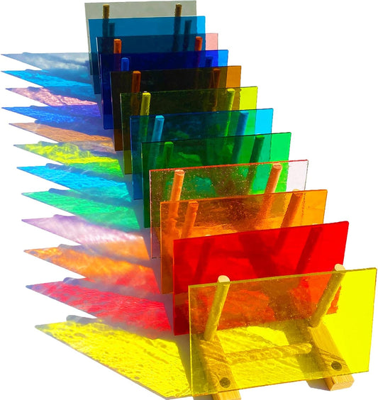 ILLUCKAI 12 Sheets Transparent Stained Glass Sheet Rainbow Colors, 6 x 4 inch Stained Glass Supplies Mosaic Glass Tiles for Stained Glass Artwork Mosaic Crafts
