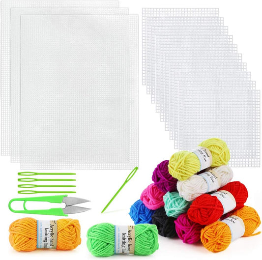 Pllieay 33-Piece Mesh Canvas Kit: 15 Clear Canvas, 12 Colors, Acrylic Yarn & Embroidery Tools for Plastic Craft