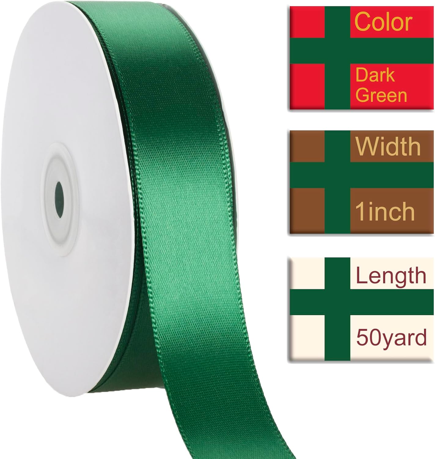 1 Inch Dark Green Ribbon, 50 Yards Craft Polyester Satin Ribbon Perfect for Gift Wrapping, Handmade Roses, Wedding Party Decorations and DIY Crafts