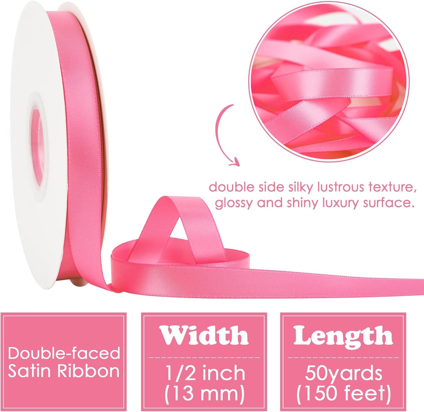 HUIHUANG Hot Pink Satin Ribbon 1/2 inch X 50 Yards Continuous, Double-Faced Satin Pink Ribbon for Gift Wrapping, Bows, DIY Crafts, Flower Bouquet, Bridal Shower Wedding Decor
