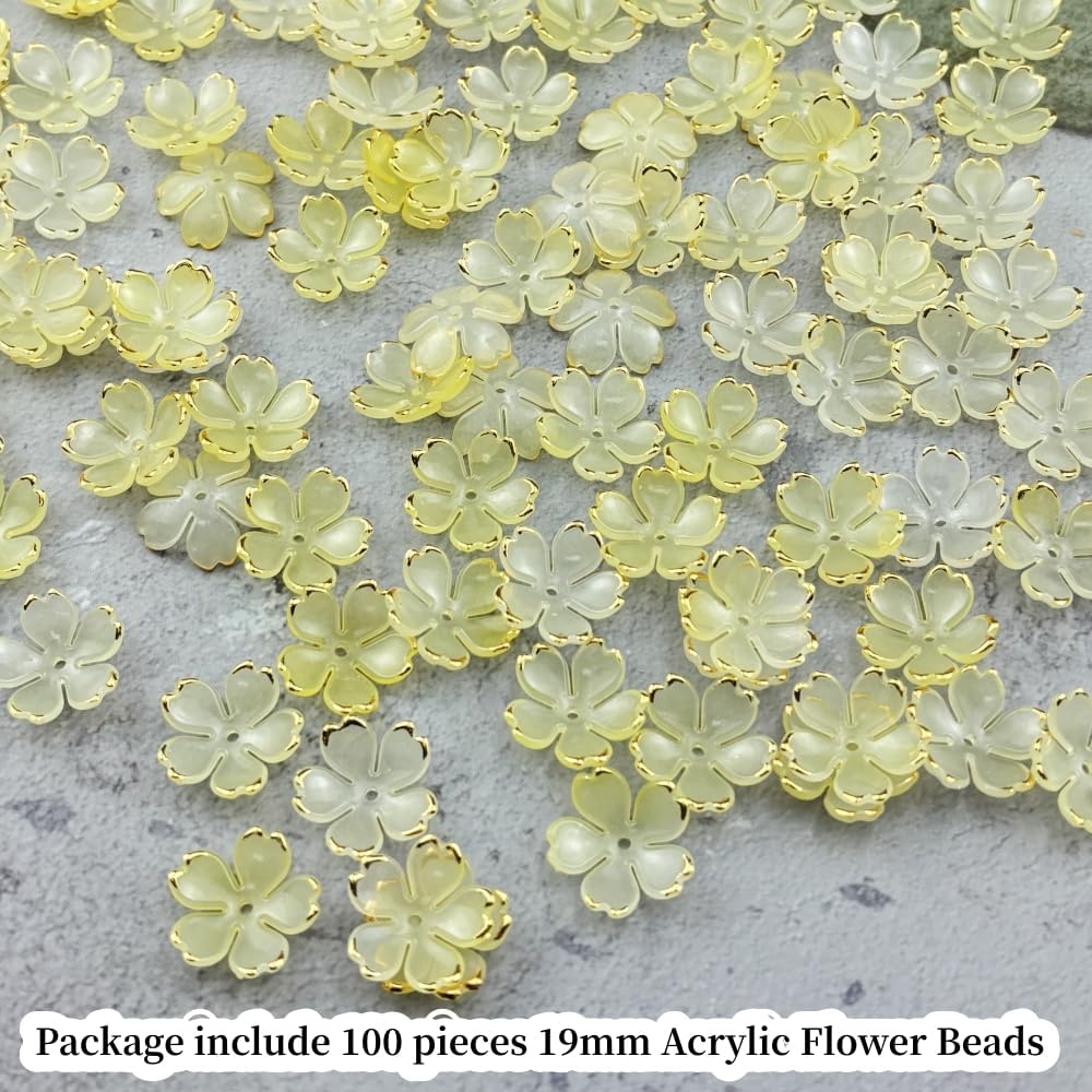 100pcs Acrylic Flower Beads, 19mm Cherry Blossom Plastic Gradient Flower Spacer Beads for DIY Crafts Bracelet Necklace Earrings Jewelry Making(Yellow)
