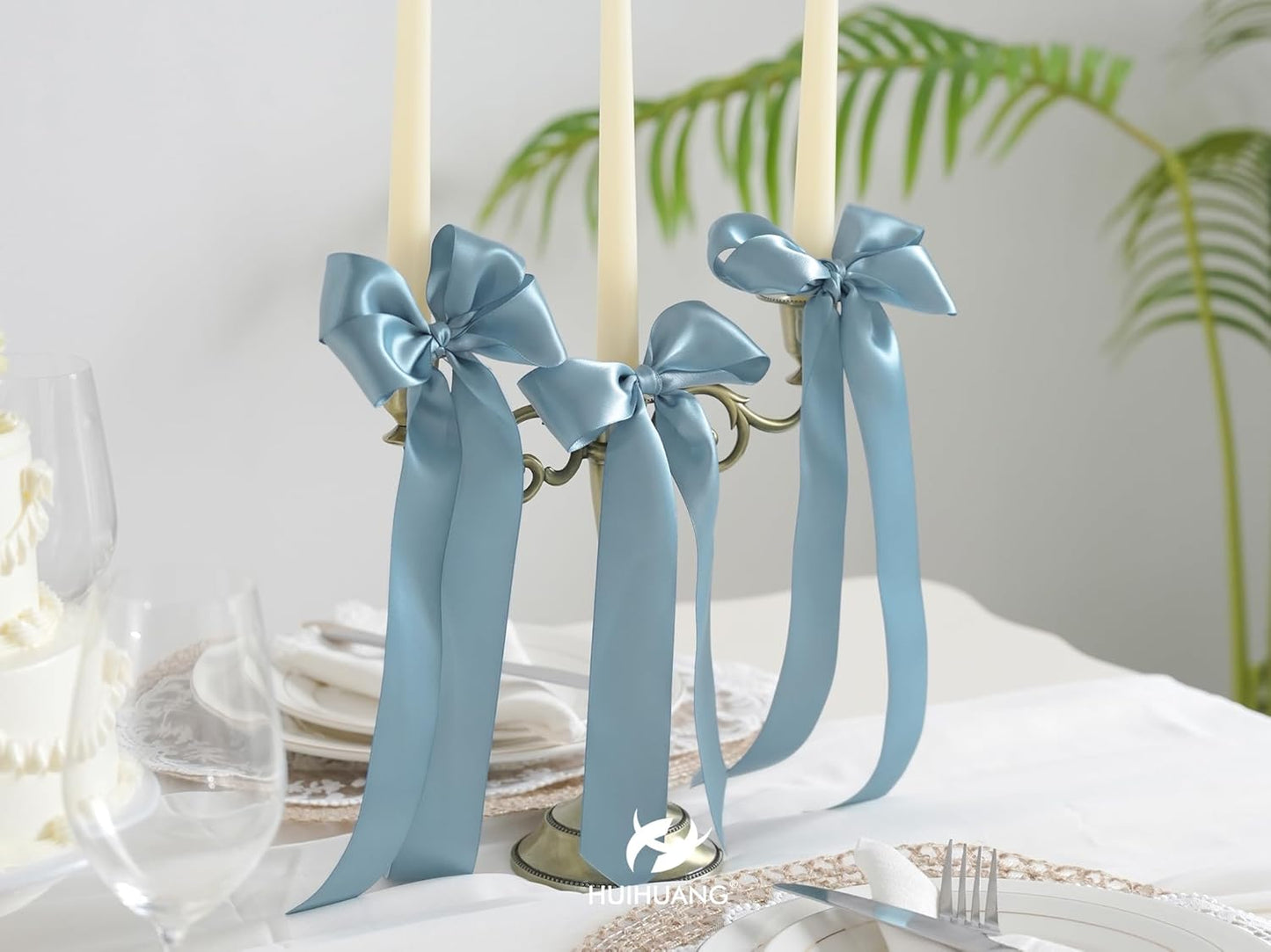 HUIHUANG Blue Satin Ribbon 1-1/2 inch x 100 Yards Dusty Blue Double-Faced Satin Ribbon for Flower Bouquet, Gift Wrapping, Eternal Roses, DIY Crafts, Bridal Shower Wedding Decor