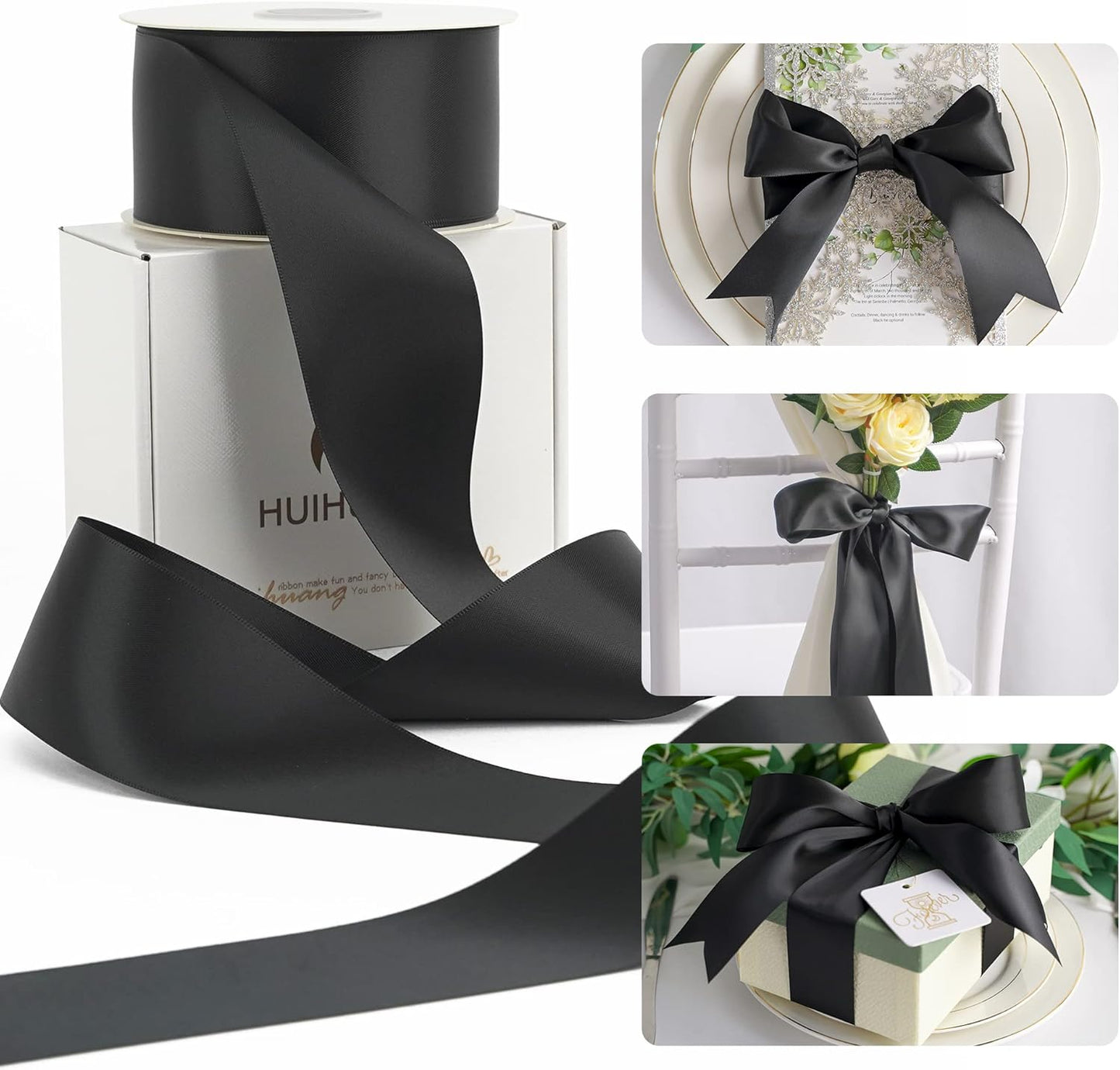 HUIHUANG Black Ribbon 2 inch Double Face Satin Ribbon Black Fabric Ribbon for Crafts, Gift Wrapping, Gift Basket Decor, Flower Bouquet Wrap, Wedding Bridal Shower Decor, Hair Bows -25 Yards/Roll