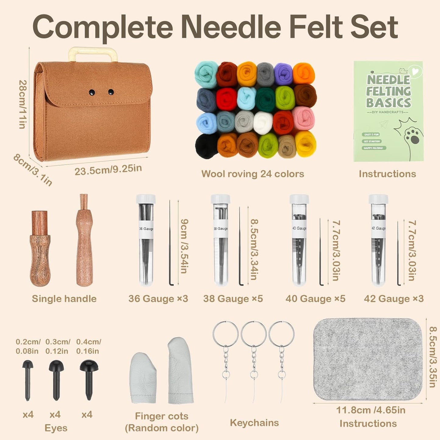 Prasacco 62 Pcs Needle Felting Kit, Felting Kits for Beginners Adult Including 24 Colors Wool Roving, Felt Needles, Felt Pad, Needle Handle, Finger Bed, Keychain, Fake Eyes, Storage Bag, Instruction
