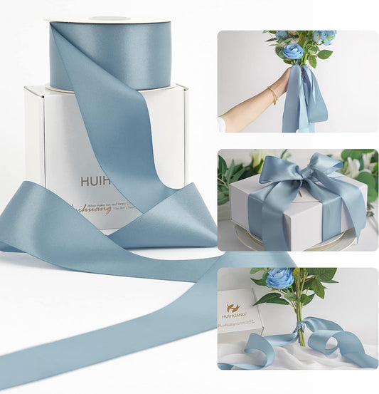 HUIHUANG Dusty Blue 2 inch Wide Double Face Satin Polyester Ribbon for Wedding, Baby Shower, Christmas, Birthday, Valentine's Day - 25 Yards/Roll