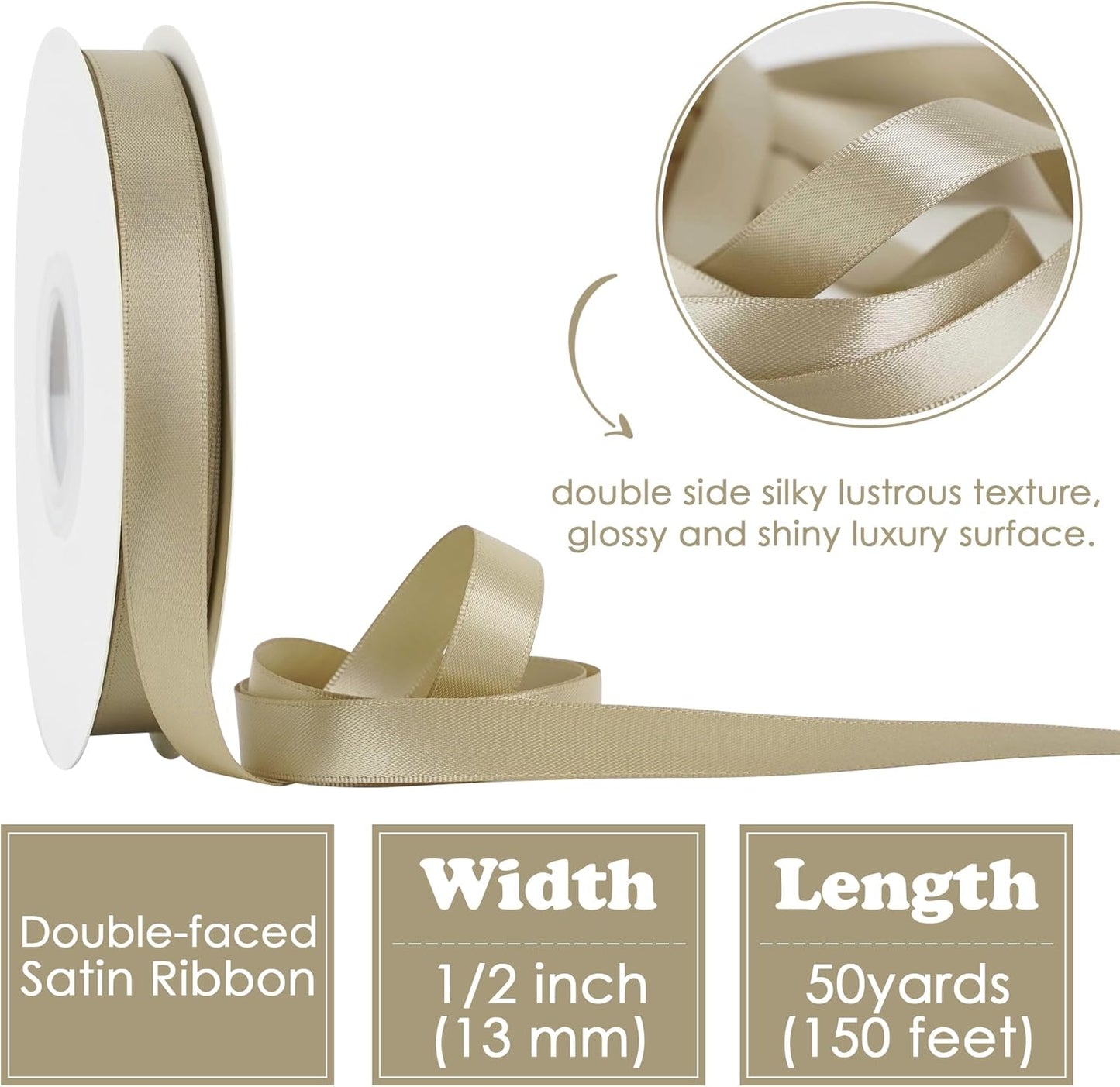 HUIHUANG Champagne Ribbon 1/2 inch X 50 Yards Continuous, Champagne Gold Double-Faced Satin Ribbon for Gift Wrapping, Bows, DIY Crafts, Flower Bouquet, Wedding Bridal Shower Decor