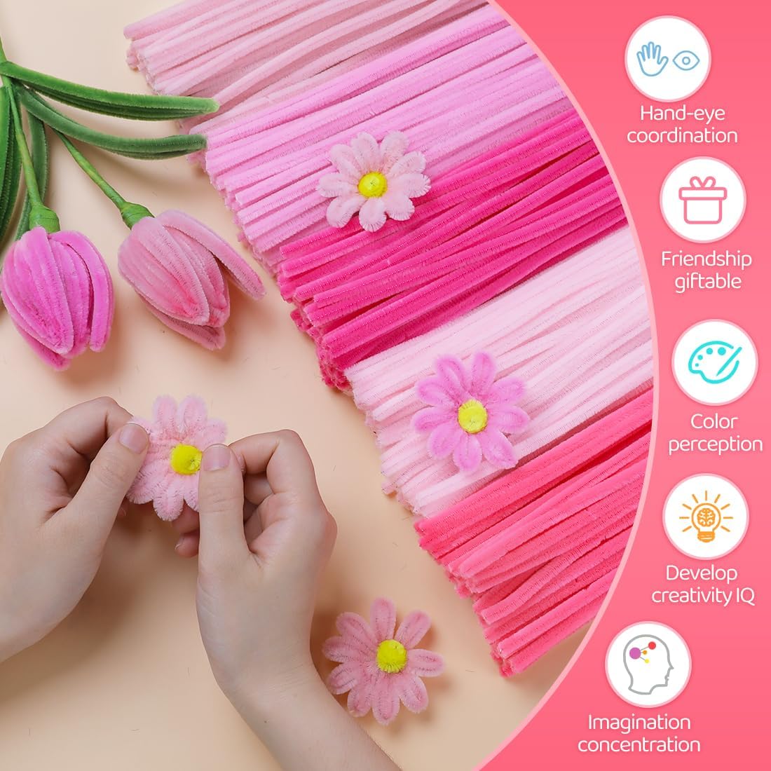 IOOLEEM Pink Pipe Cleaners,200pcs in 5 Colors, Chenille Stems for Art and Craft Projects, Flower DIY Decorations