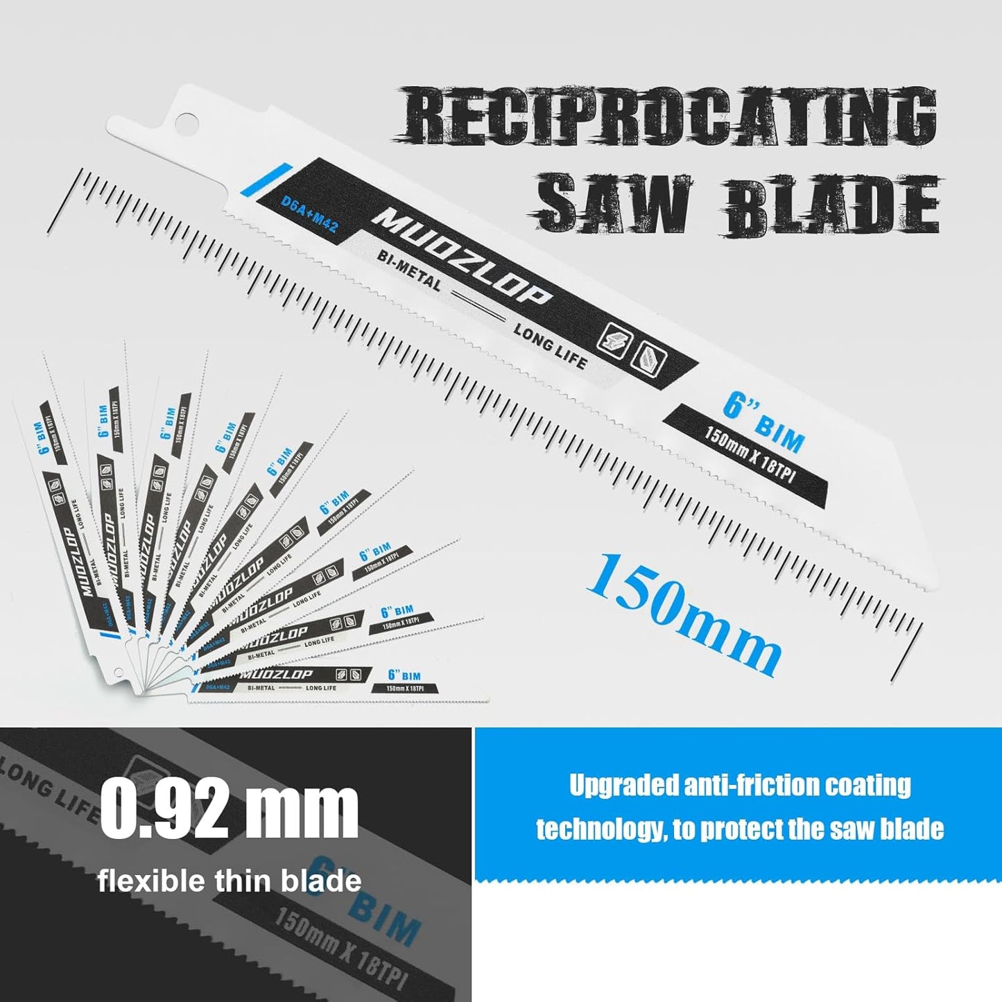 10 Pack 6inch Reciprocating Saw Blades Set,18 TPI High Carbon Saw Blades, Metal Saw Blades with Organizer Case (10, 18TPI/150mm)