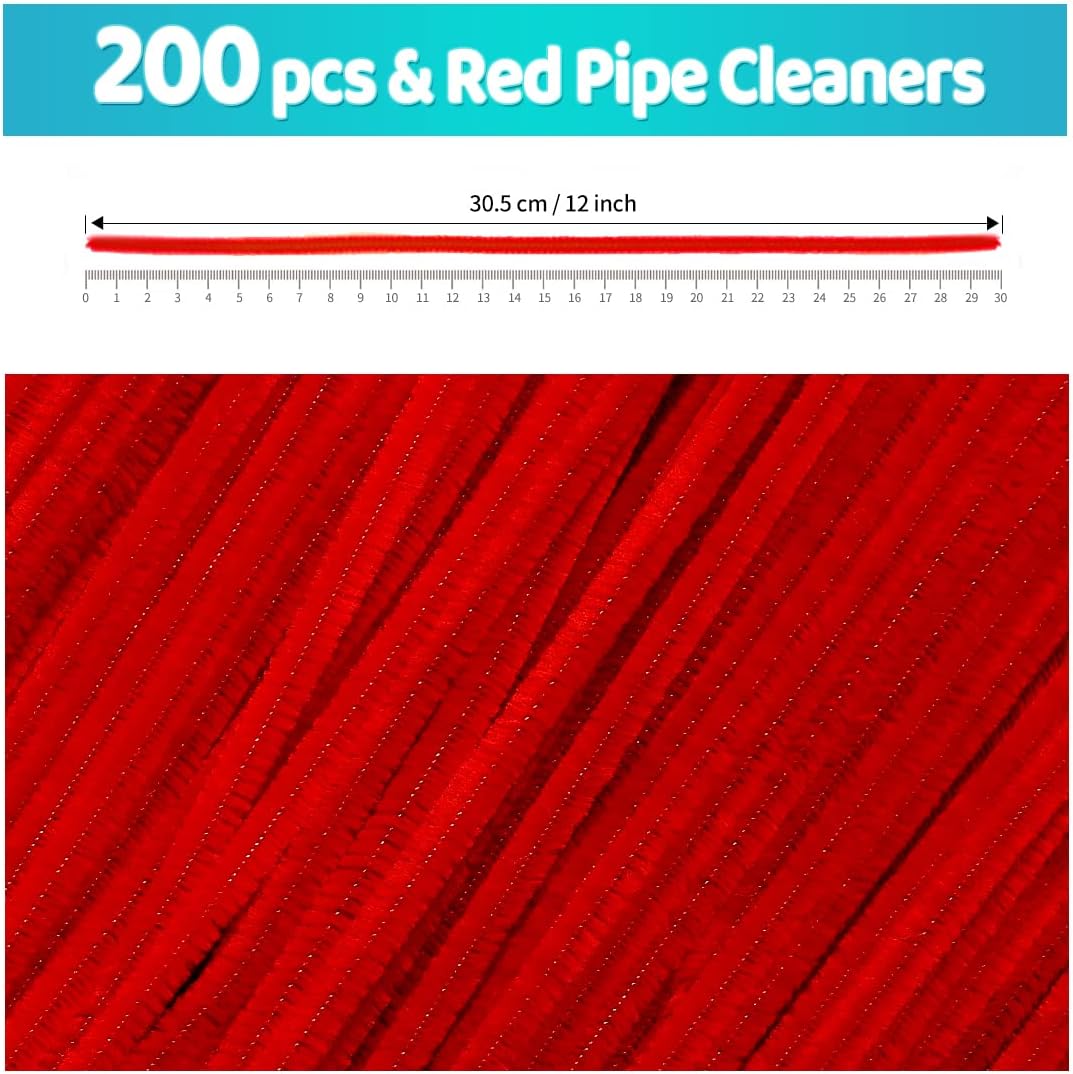 Iooleem 200pcs Red Pipe Cleaners, Chenille Stems, Pipe Cleaners for Crafts, Pipe Cleaner Crafts, Art and Craft Supplies.