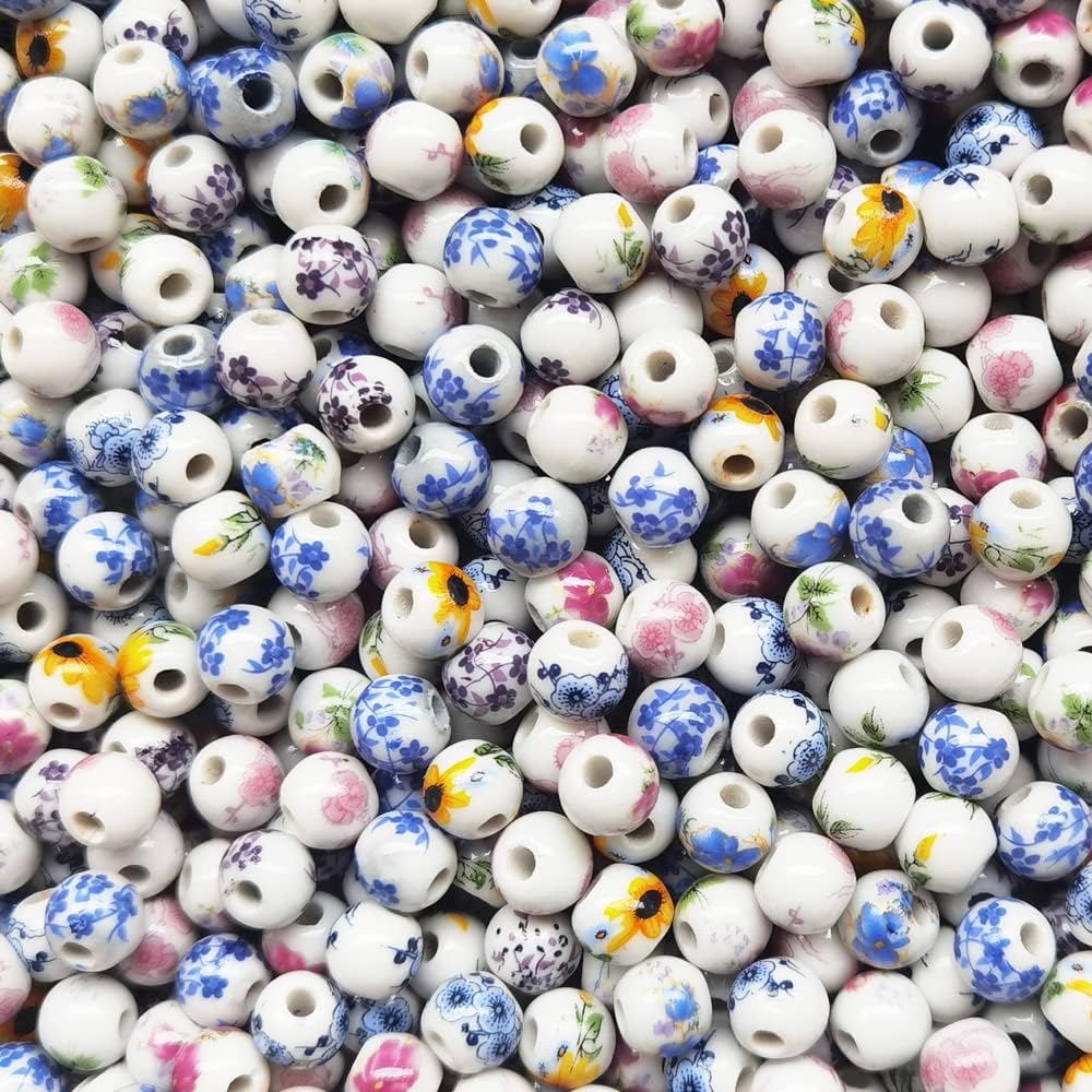 INSPIRELLE 180 Pieces Porcelain Beads Chinese Round Ceramic Beads 8mm for Handmade Jewelry Making Bracelets Necklace Making, Flower