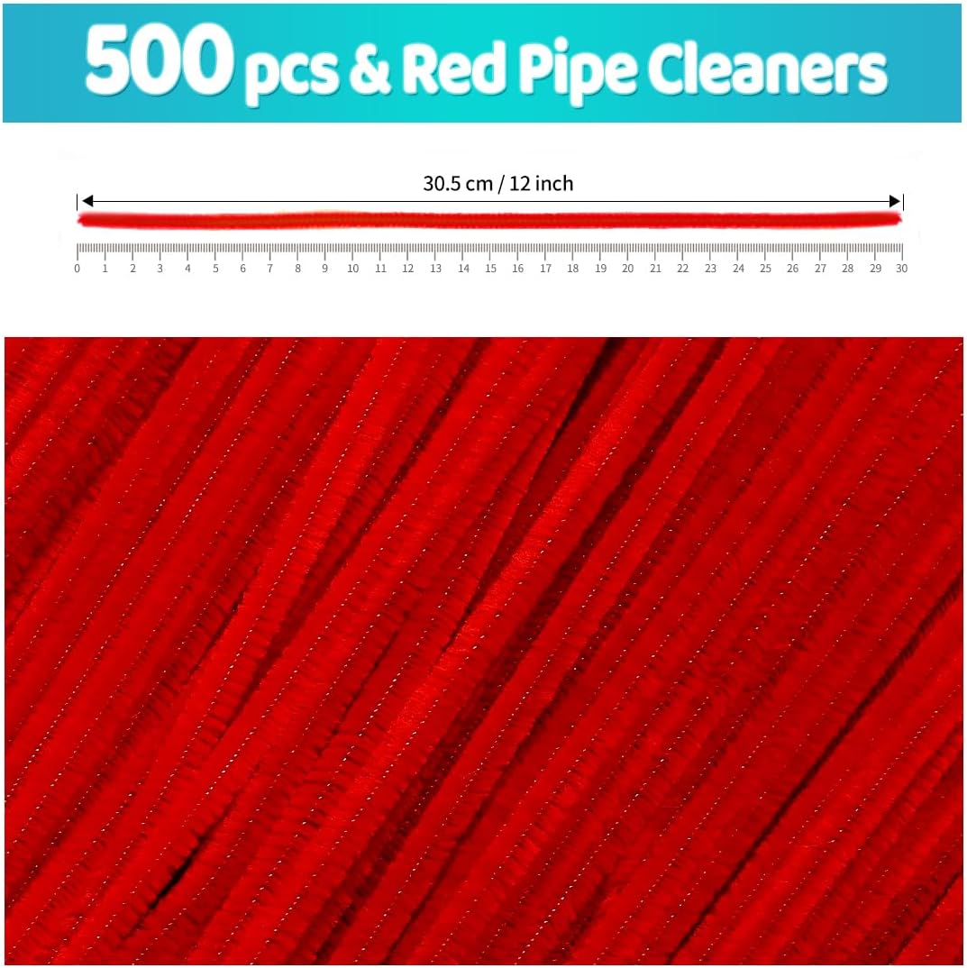 Iooleem 500pcs Red Pipe Cleaners, Chenille Stems, Pipe Cleaners for Crafts, Pipe Cleaner Crafts, Art and Craft Supplies.