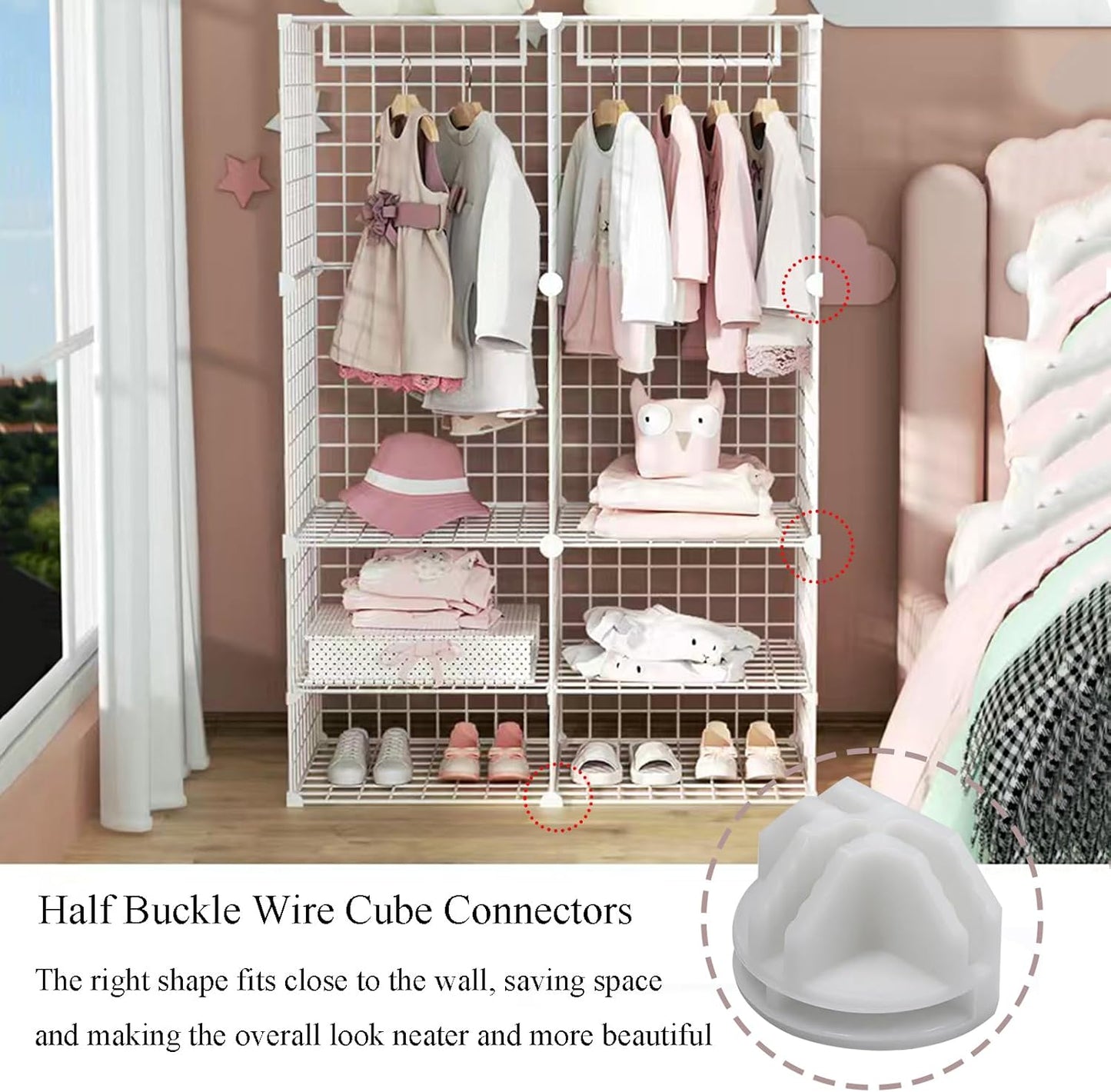 10Pcs Wire Cube Connectors, White Wire Cube Storage Connectors Half Buckle Wire Grid Cube Shelf Plastic Connectors for Wire Cube Storage Shelving Unit and Modular Closet Organizer, SATONBEYI