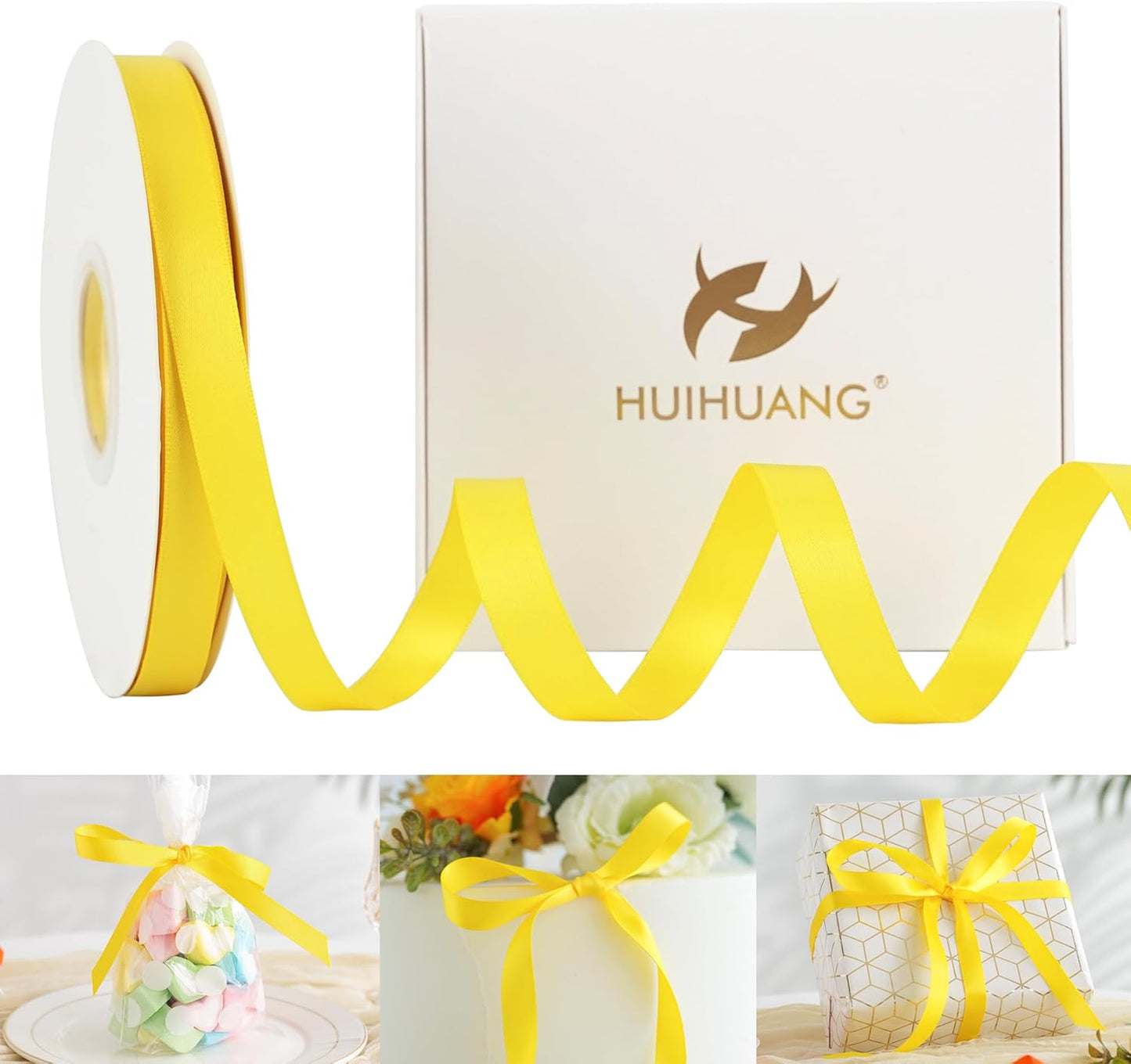 HUIHUANG Yellow Ribbon 1/2 inch Continuous 50 Yards Double-Faced Satin Ribbon for Gift Wrapping, Bows, DIY Crafts, Flower Bouquet, Wedding Decor, Holiday Decor