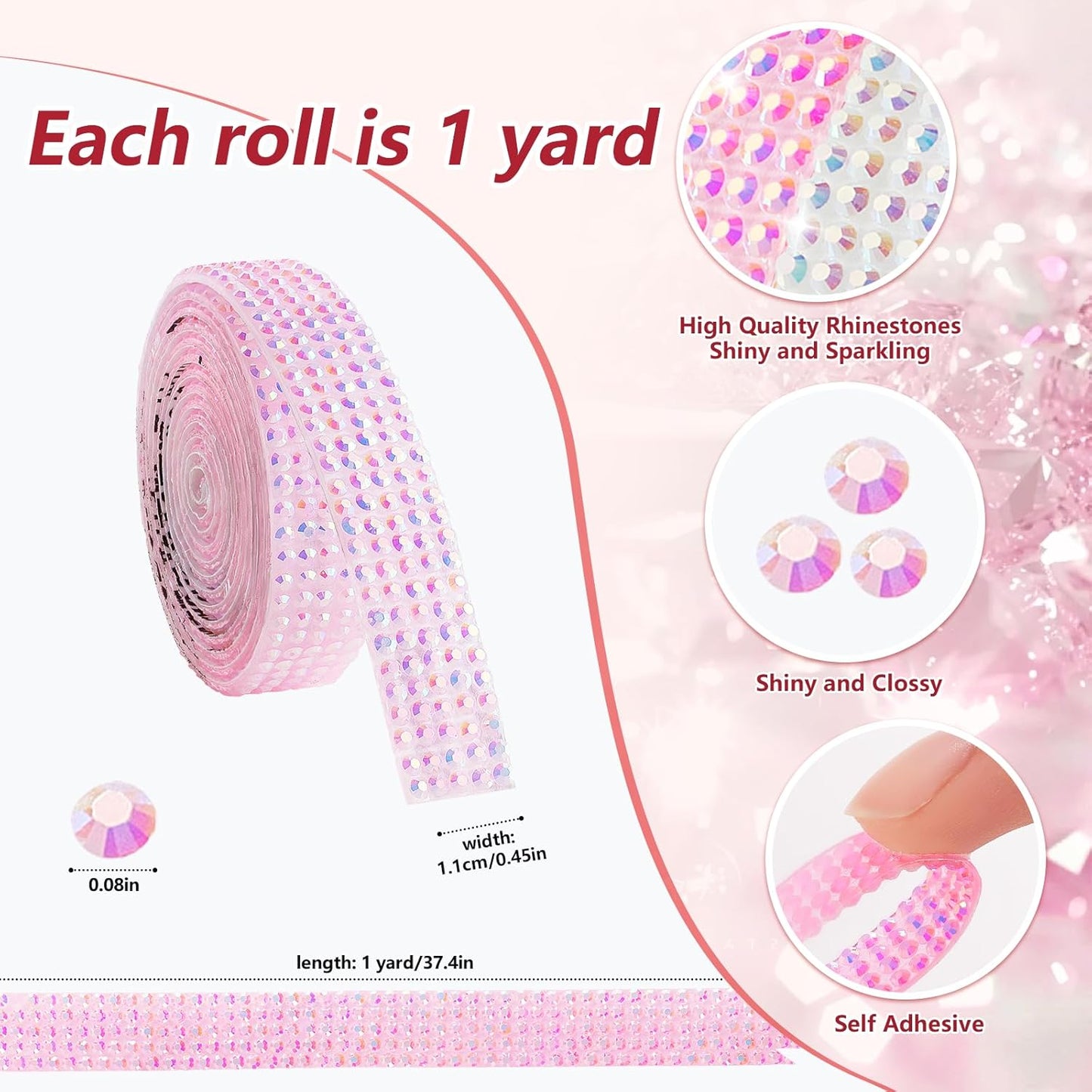10-Yard Bedazzling Strips, 5-Rows Rhinestone Ribbon Self Adhesive,10-Rolls Rhinestone Strips for DIY Craft, Rhinestones for Crafting, Home Decor and Special Events, 10 Colors, 0.45inch Width
