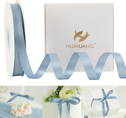 HUIHUANG Dusty Blue Satin Ribbon 1/2 inch X 50 Yards Continuous, Blue Double-Faced Satin Ribbon for Gift Wrapping, Bows, DIY Crafts, Flower Bouquet, Bridal Wedding Decor, Flower Crowns Decor