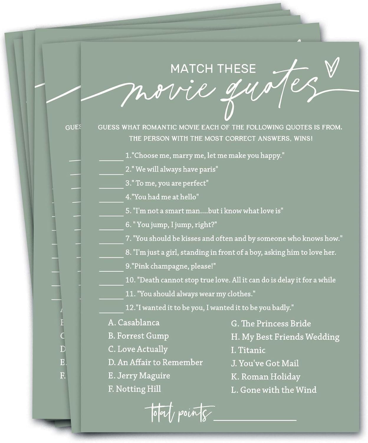 Bridal Shower Games Cards, Match These Movie Quotes, 25 Game Cards with 1 Answer Card, Engagement Party Wedding Games for Guests, Minimalist Green Wedding Party Supplies - C09