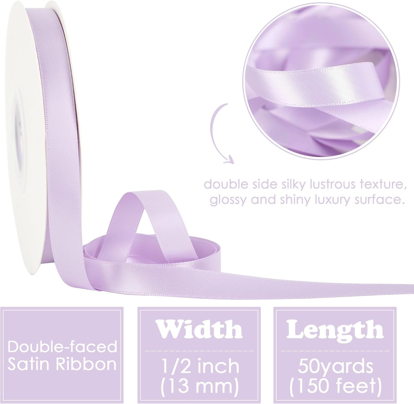 HUIHUANG Light Purple Satin Ribbon 1/2 inch Continuous 50 Yards Lilac Double-Faced Satin Ribbon for Gift Wrapping, Bows, DIY Crafts, Flower Bouquet, Wedding Bridal Shower Decor, Holiday Decor