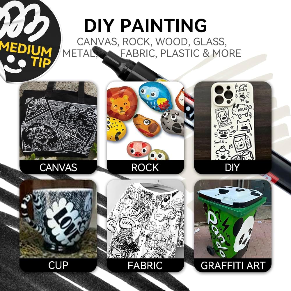 TRANSON 2 Black Permanent Paint Markers for Fabric Rock Craft Diy Painting Medium Tip Oil Based Waterproof