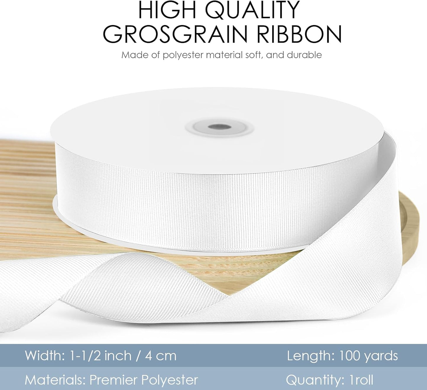 100 Yards 1.5 inch Grosgrain Ribbon, Solid Color Fabric Ribbon Perfect for Gift Wrapping, Wedding, Handmade Bows, Floral Bouquets and Party Decoration(White)