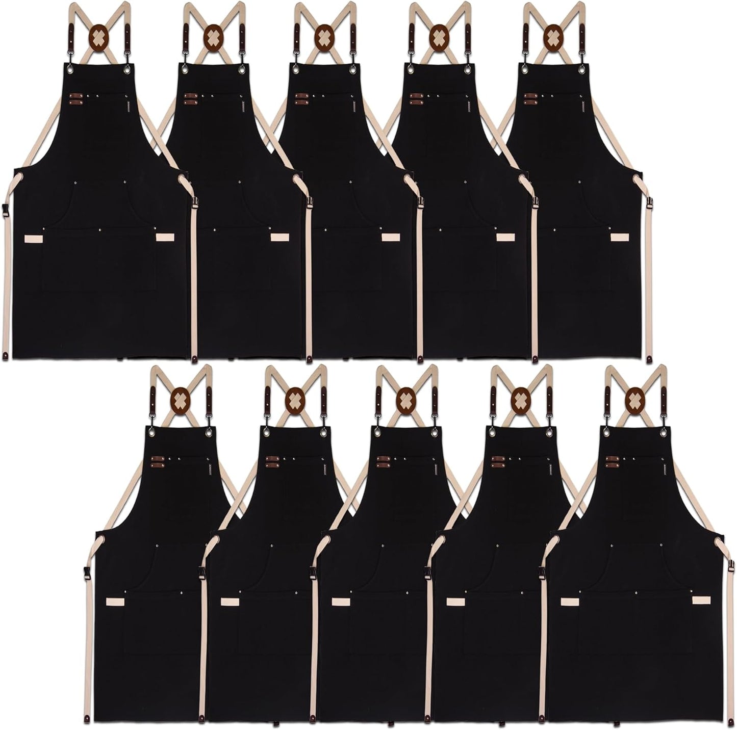 10 Pack Kitchen Aprons, Work Apron, Canvas, Multiple Pockets, Gardening, Painting, BBQ, Artist, Carpenter, Sizes M to XXL, Black