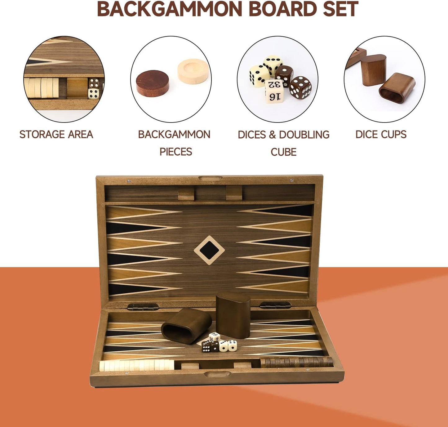 GSE Games & Sports Expert Premium Wooden Folding Inlay Backgammon Board Set, Classic Traditional Strategy Board Games (Star- 17 Inches)