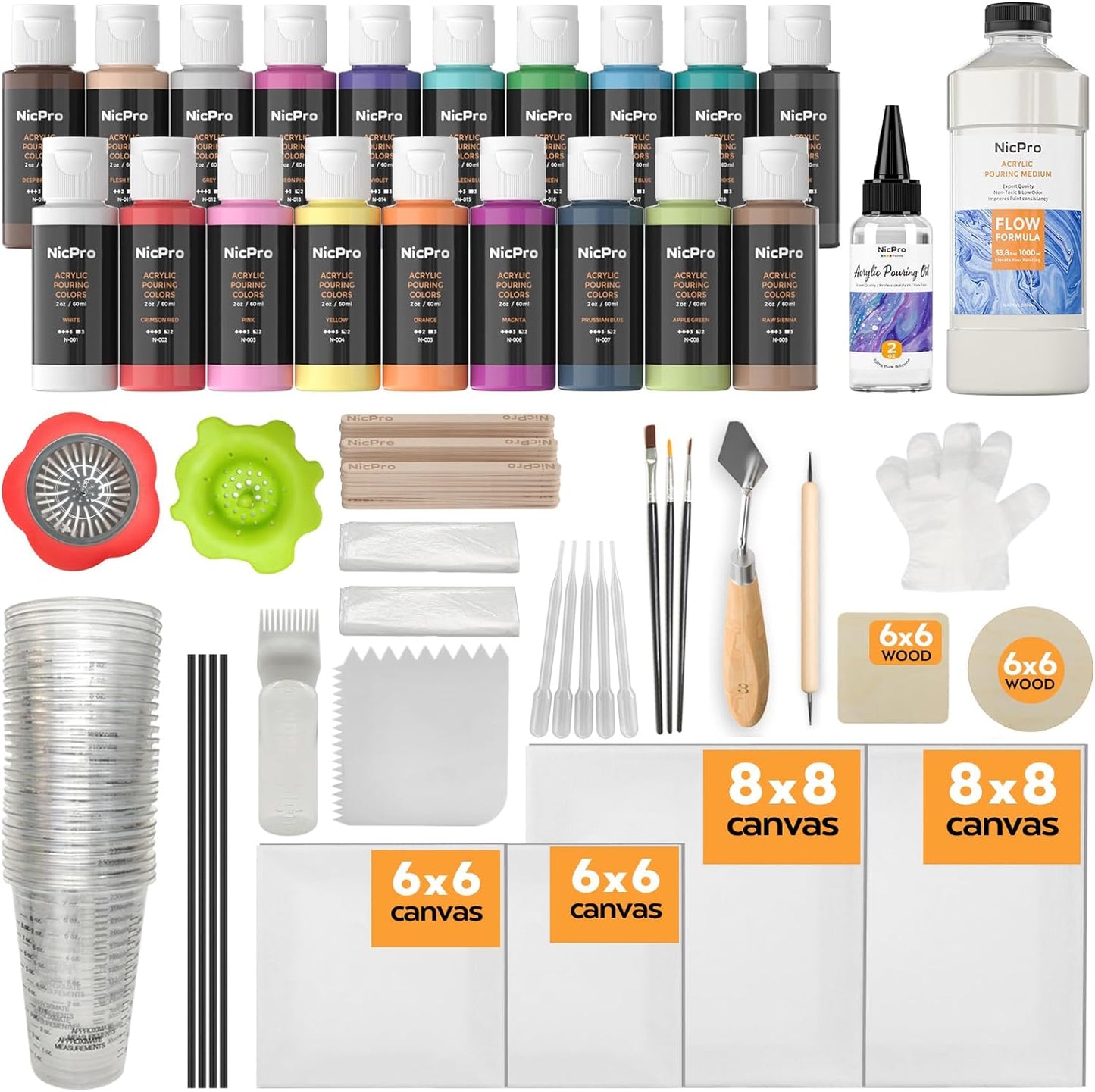 Nicpro Acrylic Pouring Kit, Artist Starter Supplies Including 19 Colors Acrylic Paints,Pouring Medium, Silicone Oil, Canvases, Gloves, Strainers, Mixing Stick, Instructions for Flow DIY Painting