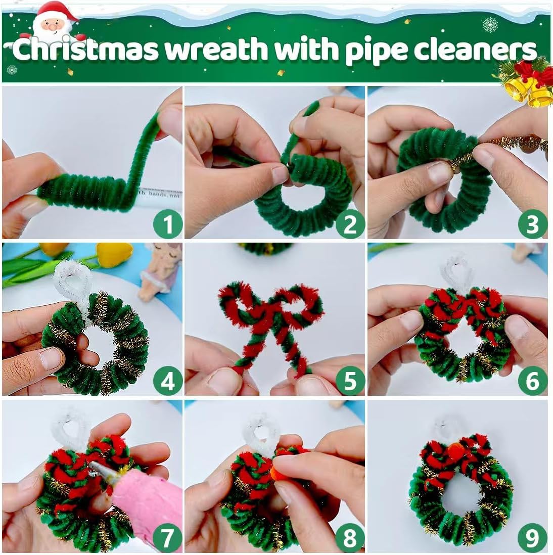 IOOLEEM Christmas Pipe Cleaners, 200pcs in 8 Christmas Colors, Chenille Stems for Christams, DIY Christmas Crafts and Party Decors, Art and Craft Supplies.