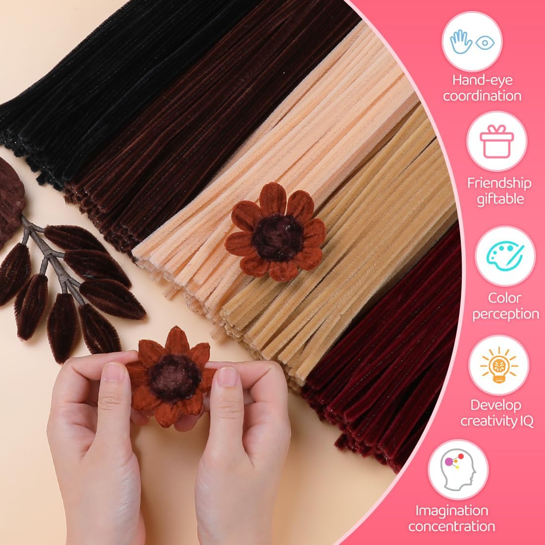 IOOLEEM Brown Pipe Cleaners,500pcs in 5 Colors, Chenille Stems for Art and Craft Projects, Flower DIY Decorations