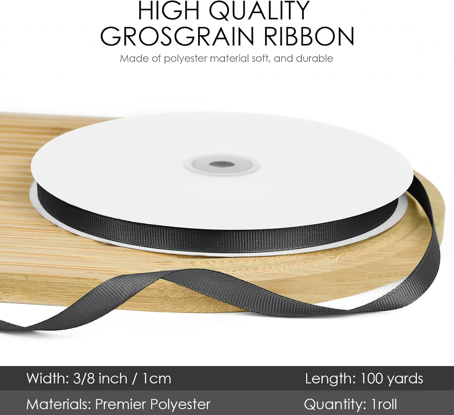 100 Yards 3/8 inch Grosgrain Ribbon, Solid Color Fabric Ribbon Perfect for Gift Wrapping, Wedding, Handmade Bows, Floral Bouquets and Party Decoration(Black)