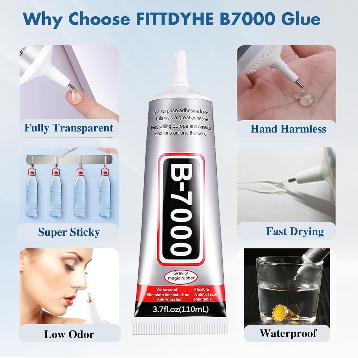 110 ml B7000 Adhesive for Crafts, Clear Glue with Spreaders and Dotting Pen Tool, Multipurpose for Rhinestones, Fabric, DIY, Makeup, Shoes, Jewelry Making, Nail Art