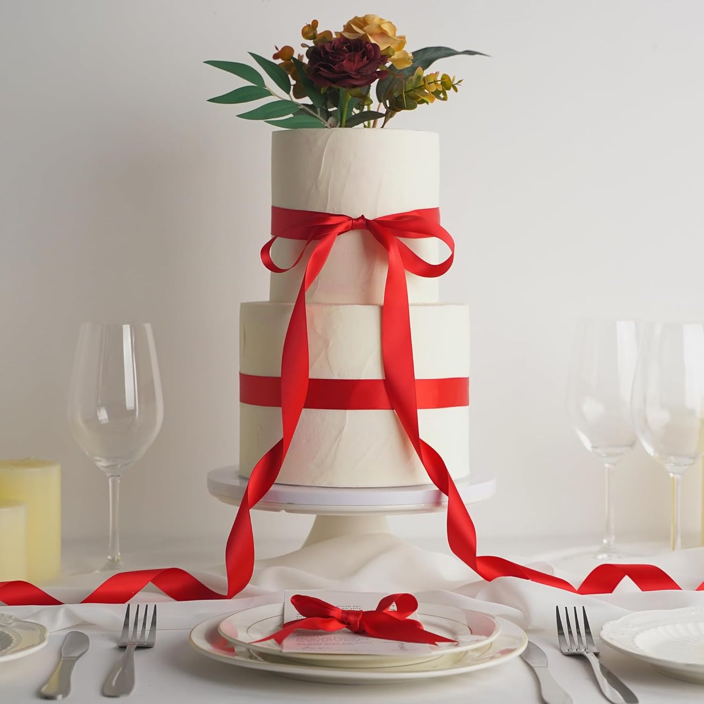 HUIHUANG Red Satin Ribbon - 1 inch x 50 Yards Double-Faced Polyester Silk for Gift Wrapping, Wedding Invitations, Hair Bows, Christmas Decor, Floral Arrangement