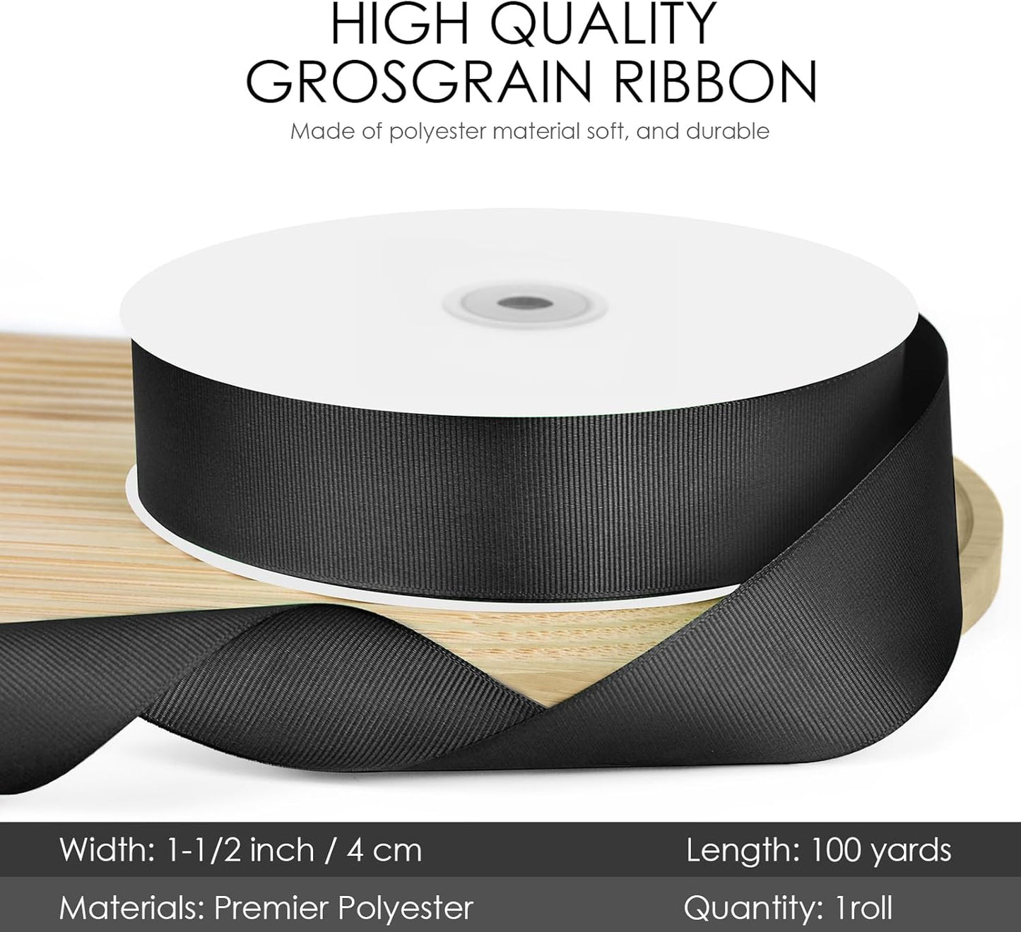 100 Yards 1.5 inch Grosgrain Ribbon, Solid Color Fabric Ribbon Perfect for Gift Wrapping, Wedding, Handmade Bows, Floral Bouquets and Party Decoration(Black)