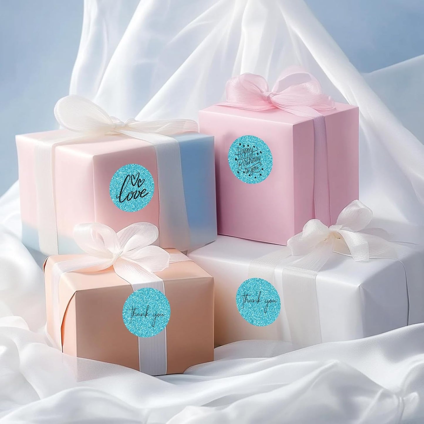 1.5" Holographic Direct Thermal Label Stickers, Round Printable Rainbow Glitter Thermal Printer Sticker Labels for Gift Wrapping, Self-Adhesive DIY Custom Logo Design- Glitter Blue