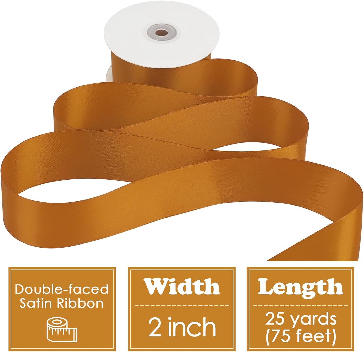 HUIHUANG Copper Satin Ribbon 2 Inch Wide Double Face for Flower Bouquet Wrap, Silk-Like for Crafts, Gift Wrapping, Wedding Bridal Holiday Decor, Bows Making - 25 Yards/Roll